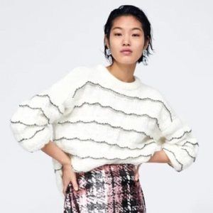 Zara Knit Wool Mohair Ivory black metallic Ruffle Sweater